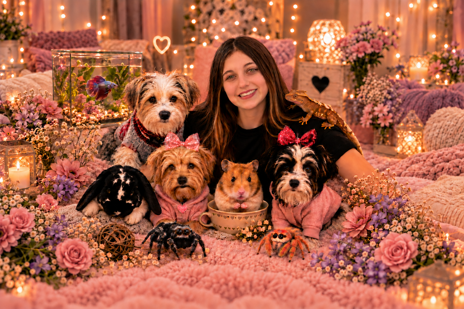 Kerigan with three dogs, a rabbit, a hamster, two spiders, a crested gecko, and a betta fish.